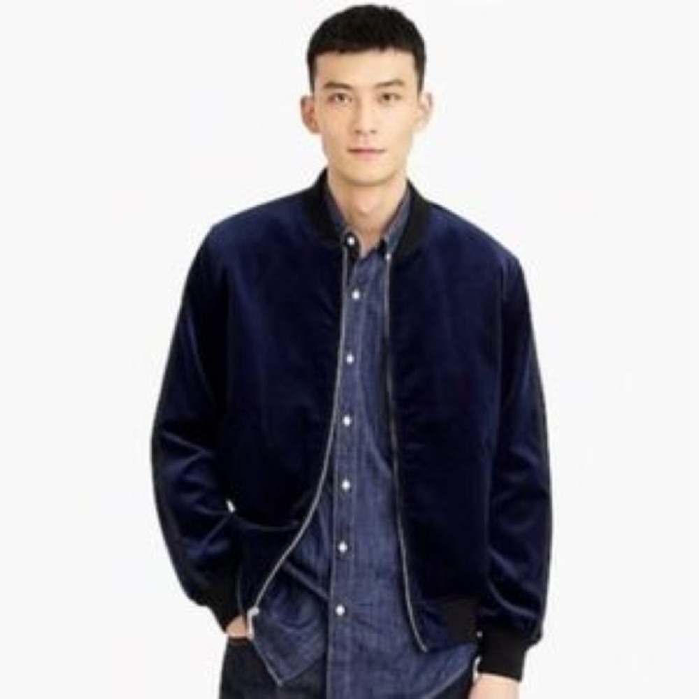 NEW NWOT J.Crew Ludlow Navy Velvet Bomber Jacket Tuxedo Stripe Navy Large